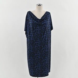 Michael Kors Cowl Neck Midi Dress Womens Sz XL Blue Animal Print Leopard Stretch